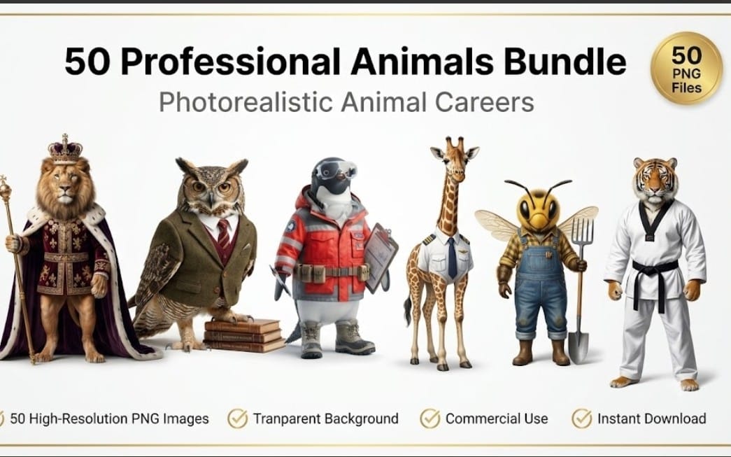 50 Animal Characters in Professional Outfits | PNG Bundle