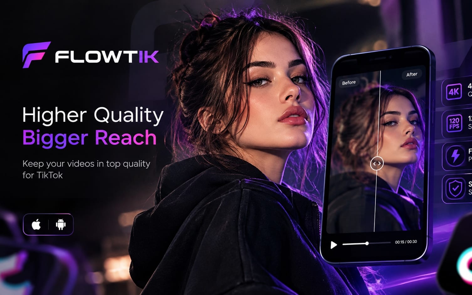 Promotional banner for FLOWTIK VIP Premium video quality app with a woman and mobile before/after preview UI