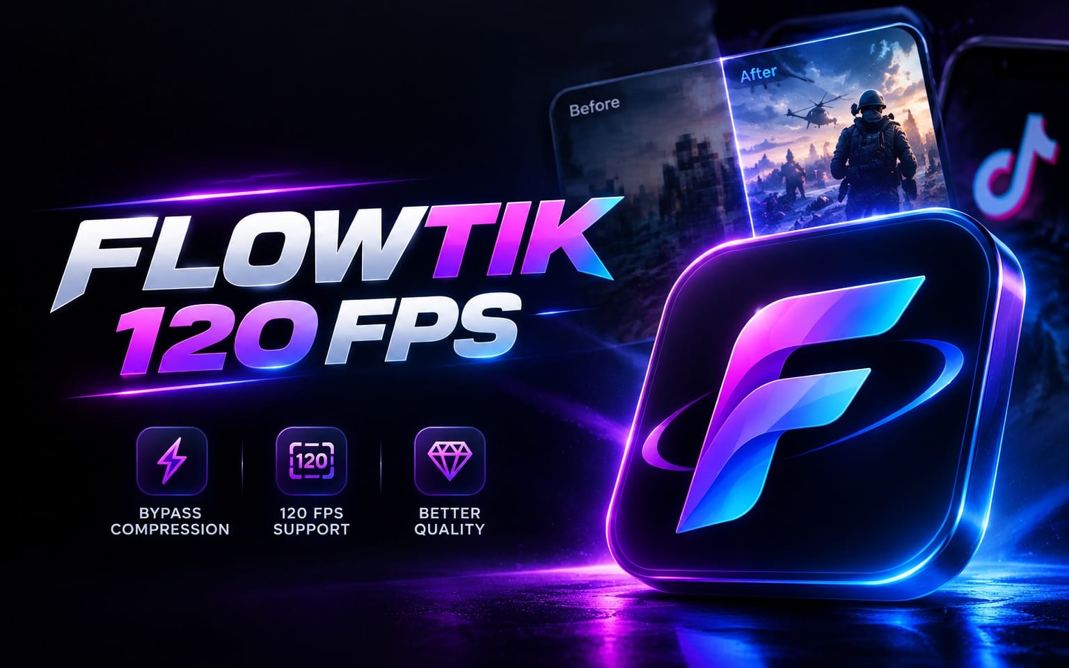 FlowTik license promo banner with neon 120 FPS graphics, game UI before-and-after panels and upgrade icons