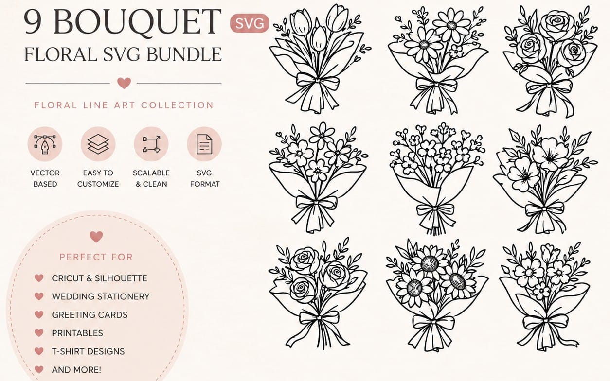 Floral bouquet line art SVG clipart bundle featuring nine black doodle bouquet designs on a light background