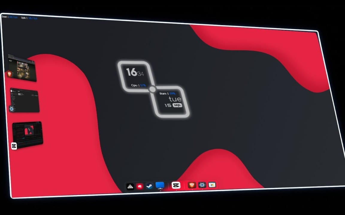 Red and black macOS desktop screen with widget calendar graphic, software UI skin for digital gadget customization