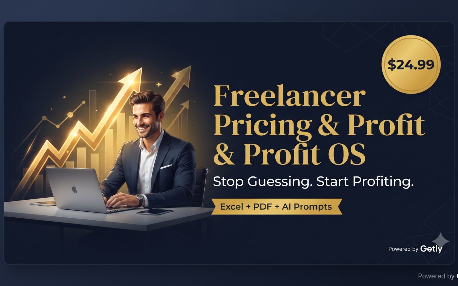 Freelancer Pricing & Profit OS banner with smiling man at laptop, gold arrows, and $24.99 price badge