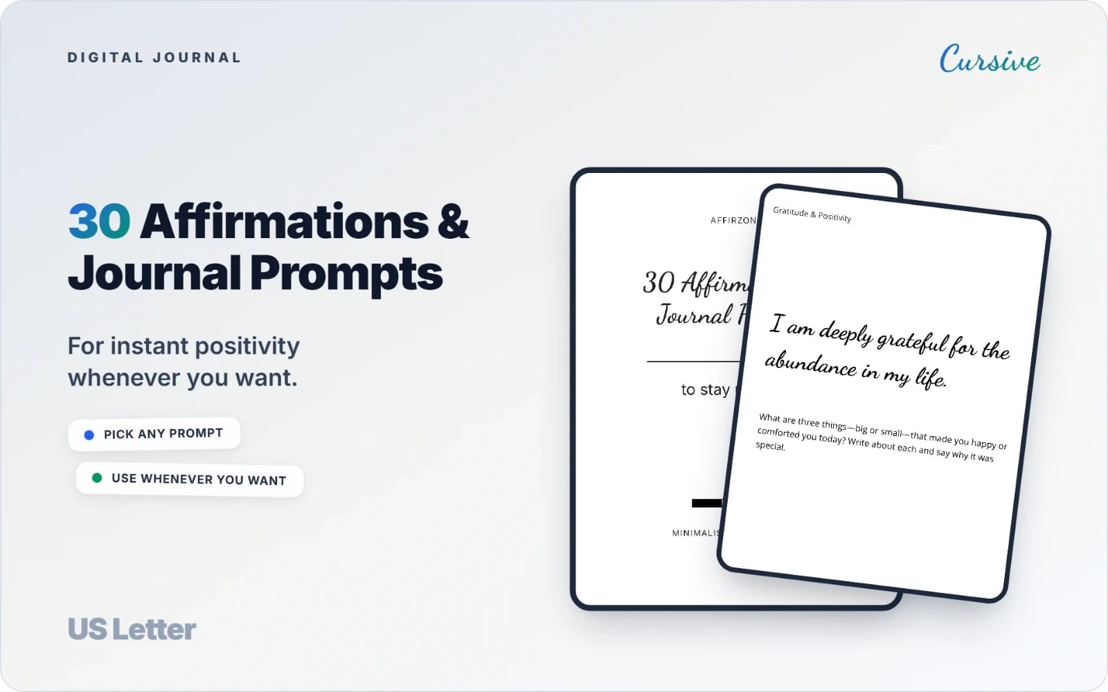 Minimalist PDF journal cover titled 30 Affirmations & Journal Prompts with cursive sample pages for US Letter size