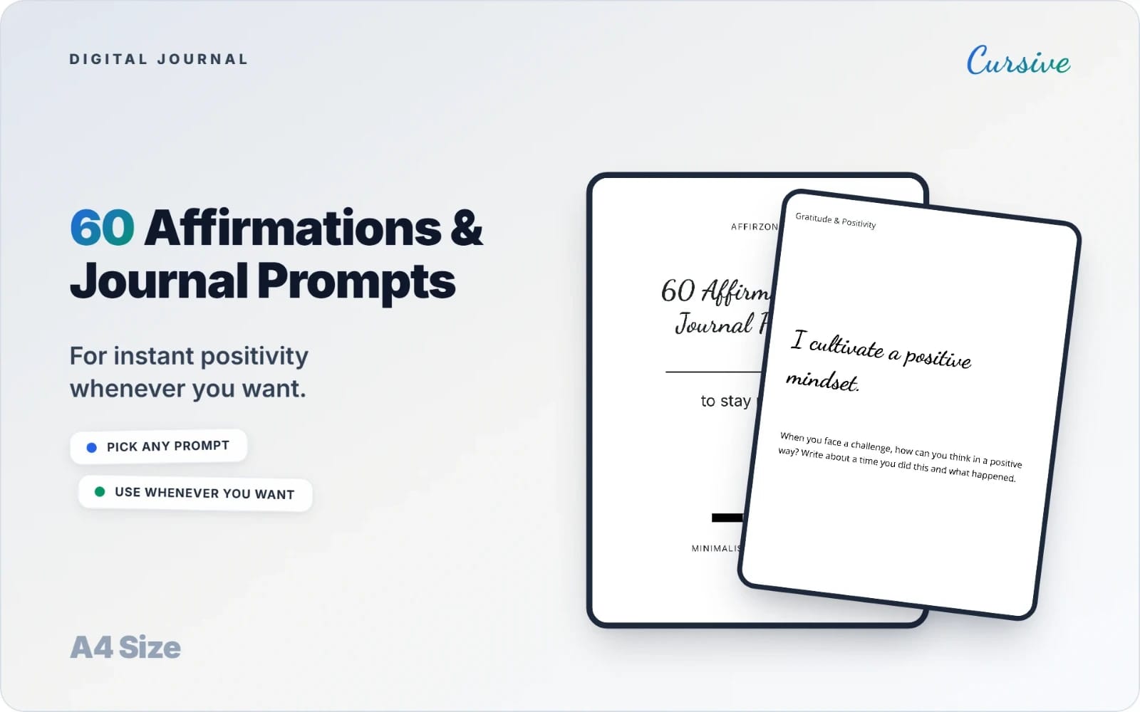 Digital journal PDF cover showing 60 affirmations and journal prompts with cursive typography on A4 size layout