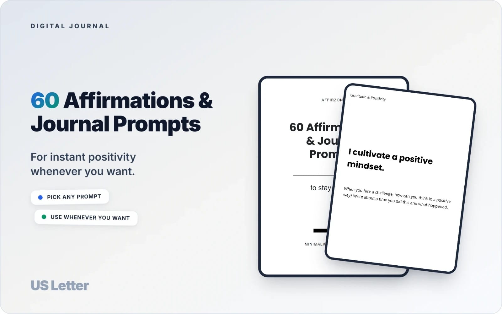 Digital journal PDF cover showing 60 affirmations and journal prompts with US Letter size preview pages
