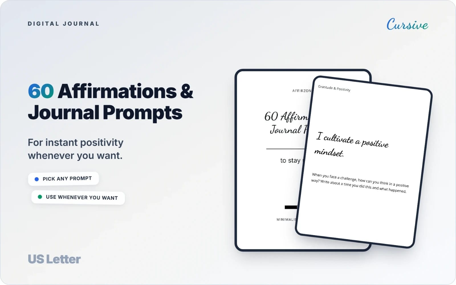 Digital journal PDF cover titled 60 Affirmations & Journal Prompts with two prompt pages shown in cursive style
