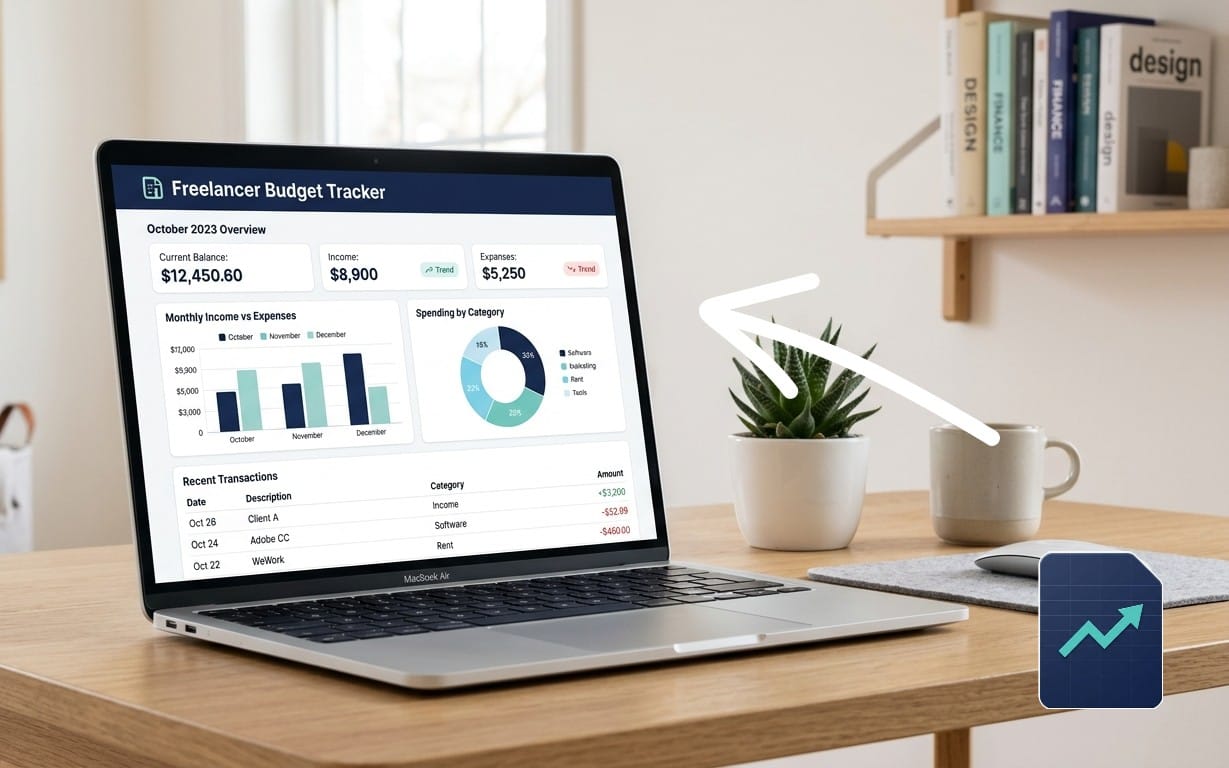 Laptop displaying a minimalist freelancer income and expense tracker Google Sheets budget dashboard