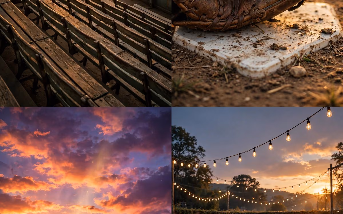Vintage baseball stadium and sunset scenes with dirt, wooden fence, and string lights wallpaper pack for phones