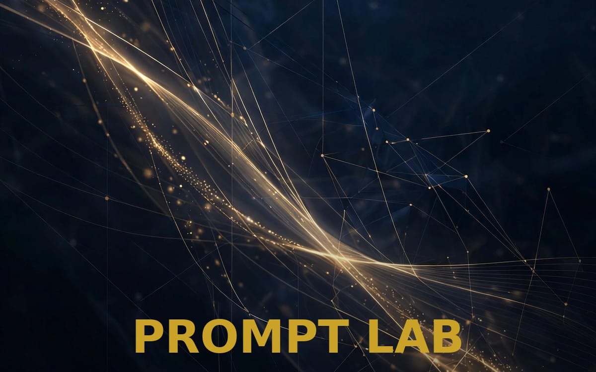 PROMPT LAB digital prompt pack cover with dark abstract network lines and glowing light trails for restaurants and cafes