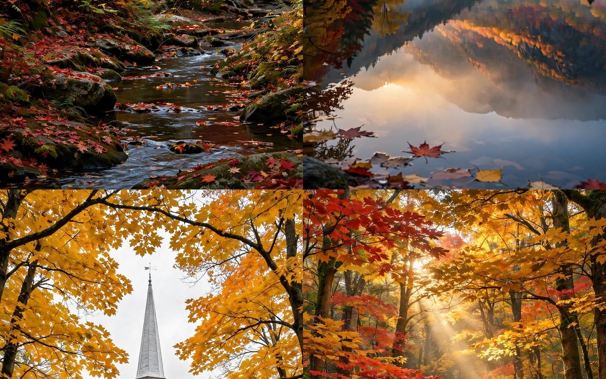Four autumn New England HD wallpaper backgrounds with rivers, fall leaves, and golden sunrise scenes for iPhone and