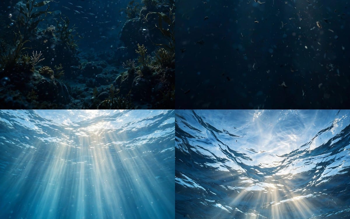Four ocean-themed HD wallpaper backgrounds showing deep sea, fish, and sun rays for phones and Android