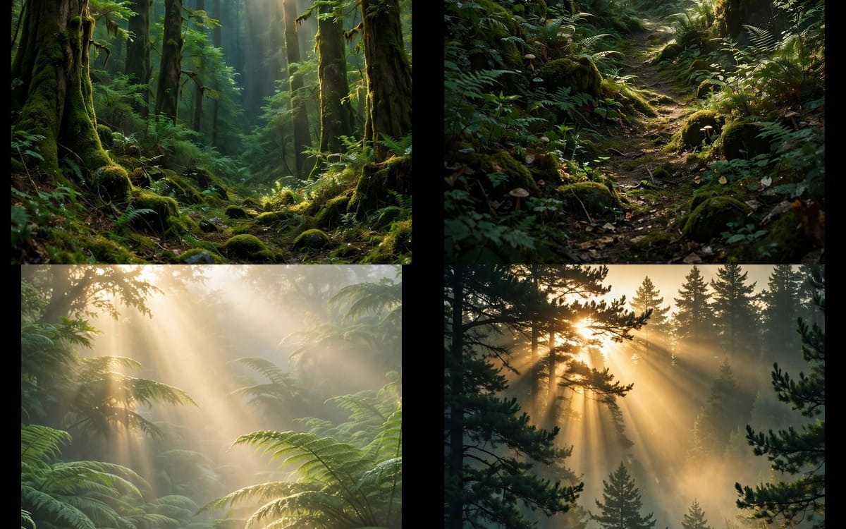 Four HD nature wallpaper designs showing misty forests with lush green foliage and golden sun rays for mobile