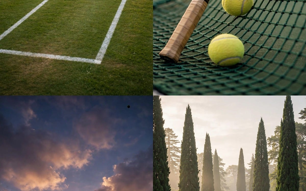 Preppy green tennis court wallpaper pack for iPhone and Android with tennis ball, racket, and sky backgrounds