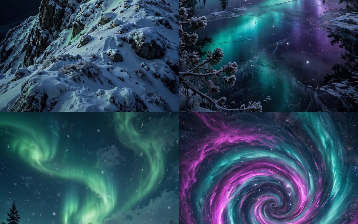 Four Northern Lights Alaska wallpaper backgrounds showing snowy forests and swirling green and purple auroras for phones