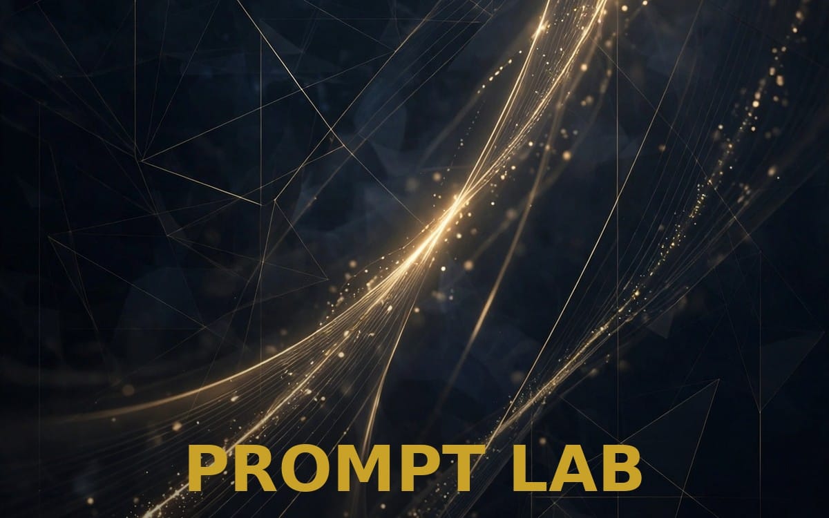 PROMPT LAB digital prompt pack cover with glowing golden light trails on dark geometric network background