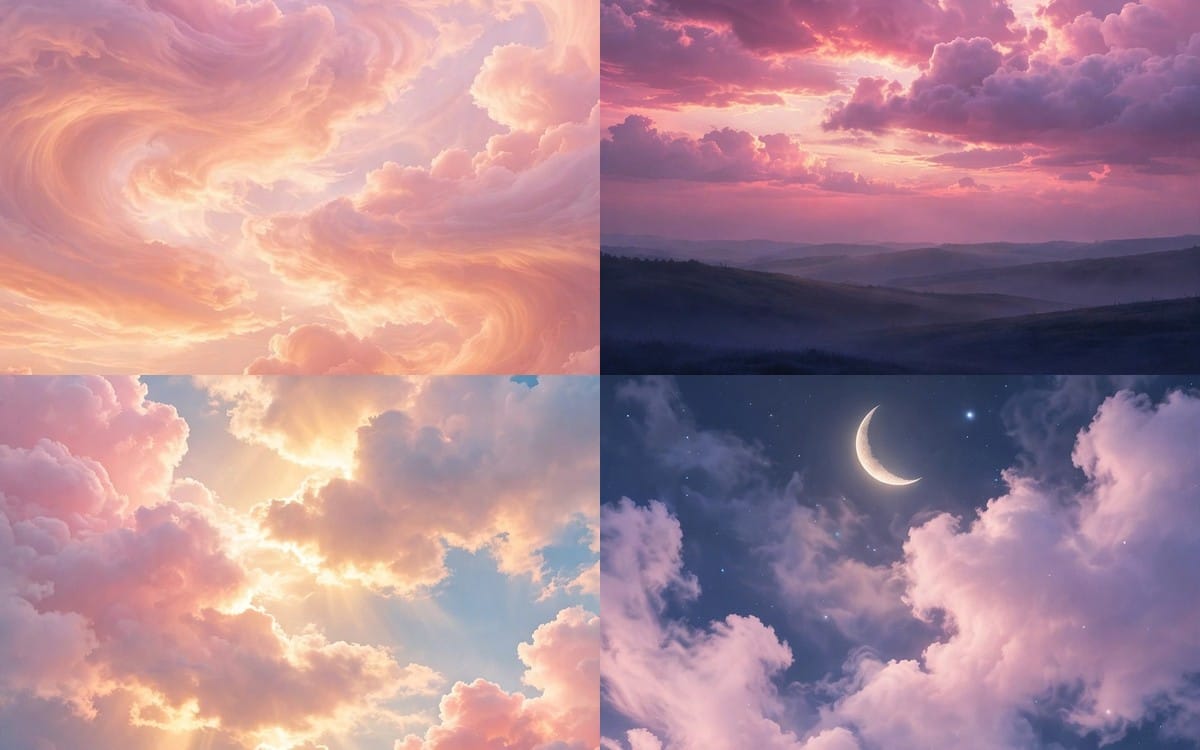 Four-panel set of dreamy cotton-candy sky clouds and sunsets wallpaper backgrounds for mobile screens