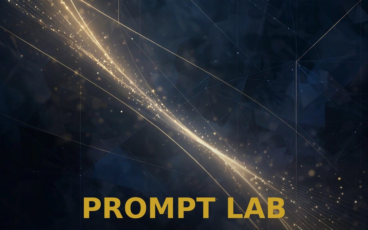 Dark futuristic banner with glowing gold lines and geometric network, PROMPT LAB AI prompts for Instagram creators