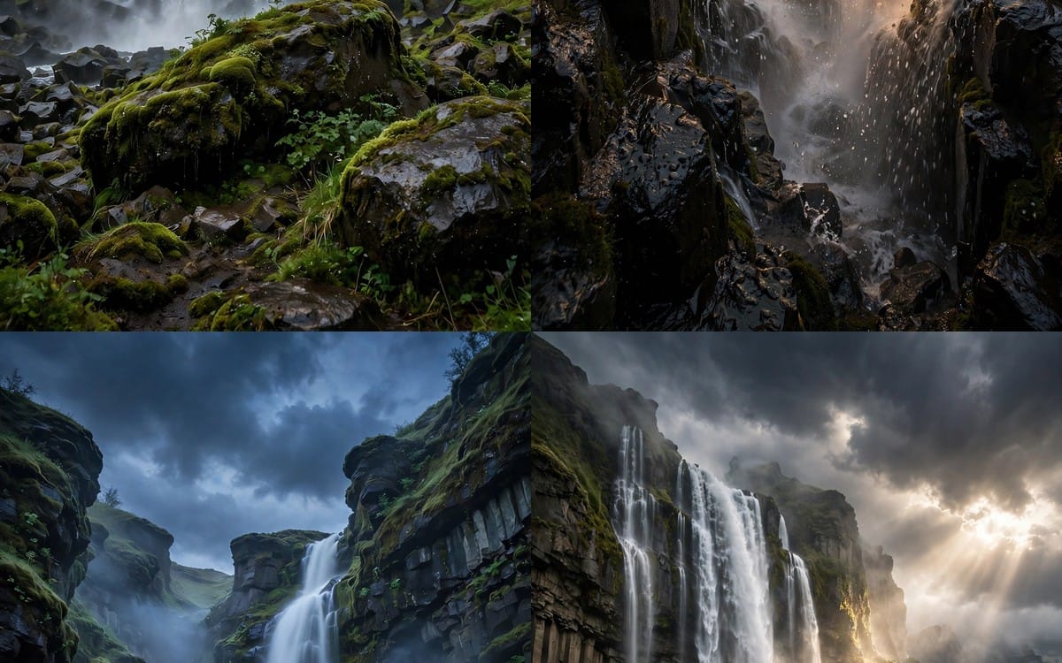 Four HD Icelandic waterfall landscape wallpapers with mist, rocky cliffs, and green moss for iPhone and Android