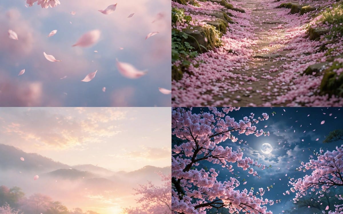 Four HD cherry blossom dream wallpapers showing soft pink petals drifting, blooming trees, and a moonlit sky for phones