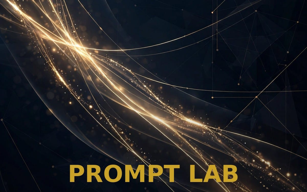 PROMPT LAB banner for an AI prompt pack with golden light trails and geometric network lines