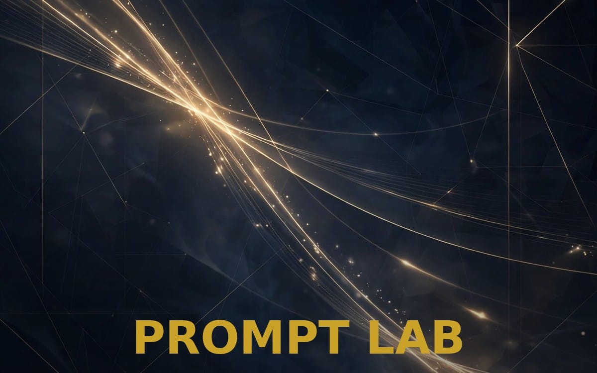 PROMPT LAB AI prompt pack cover with glowing light trails and network lines, text PROMPT LAB on dark background