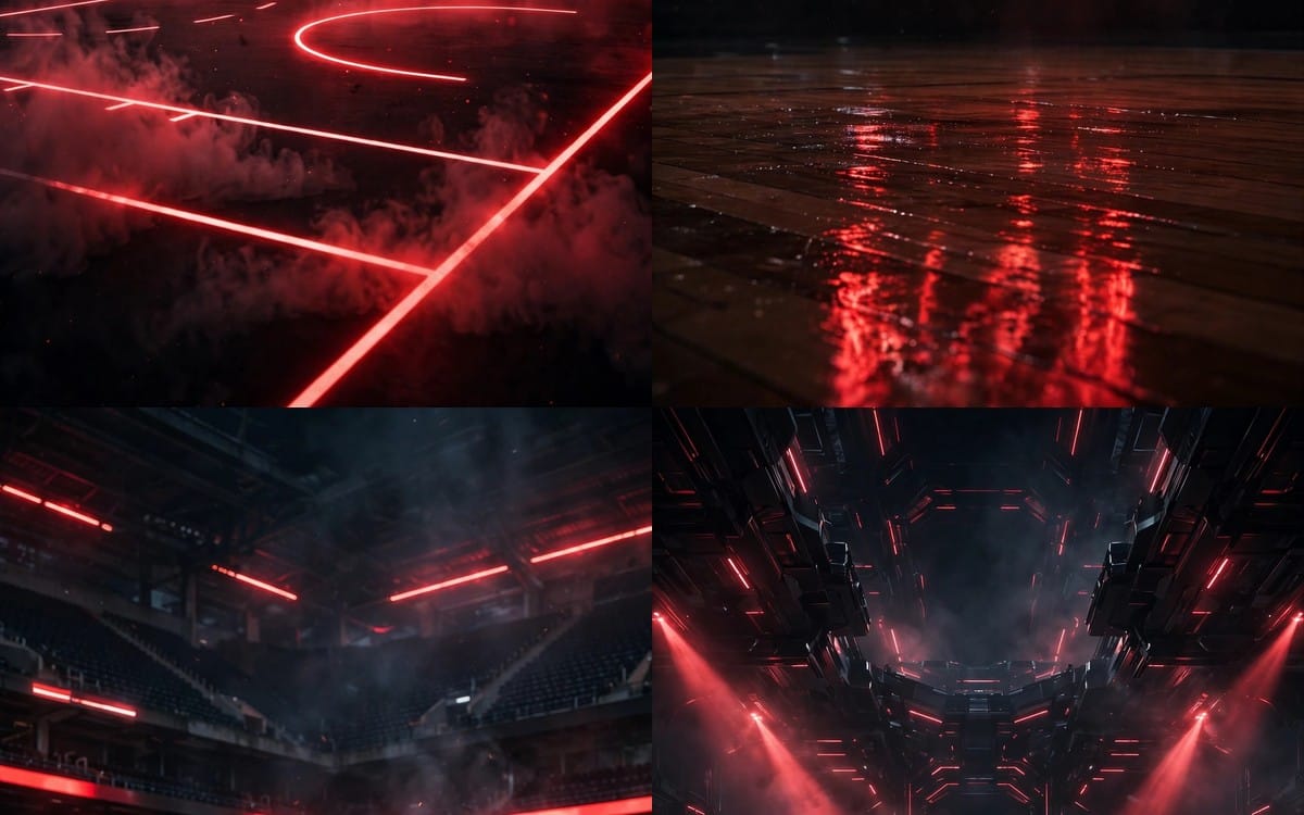 Neon basketball arena night wallpaper pack with red light beams and glowing court reflections for phone backgrounds