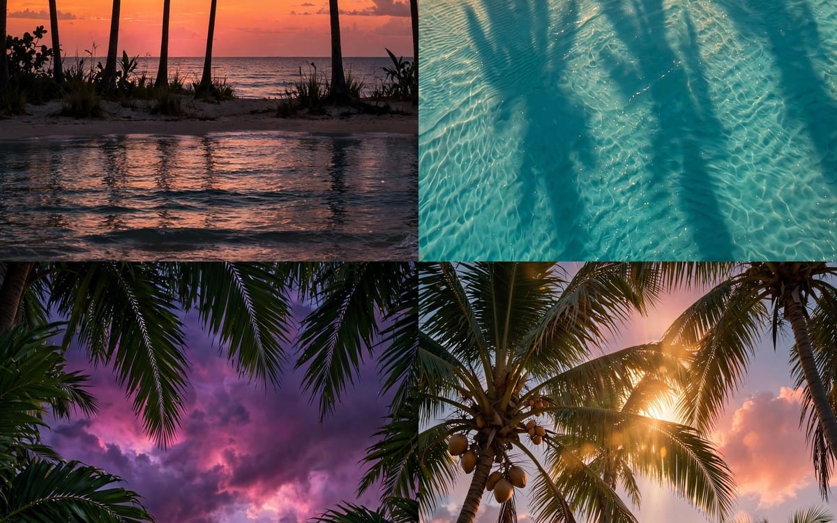 Four HD tropical wallpaper designs with sunset beach, palm trees silhouettes, and turquoise ocean water for phones and