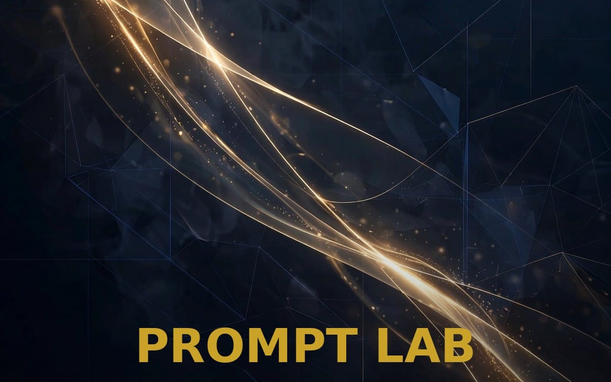 Abstract blue and gold digital banner reading PROMPT LAB, promotional graphic for AI prompts for mortgage and loan