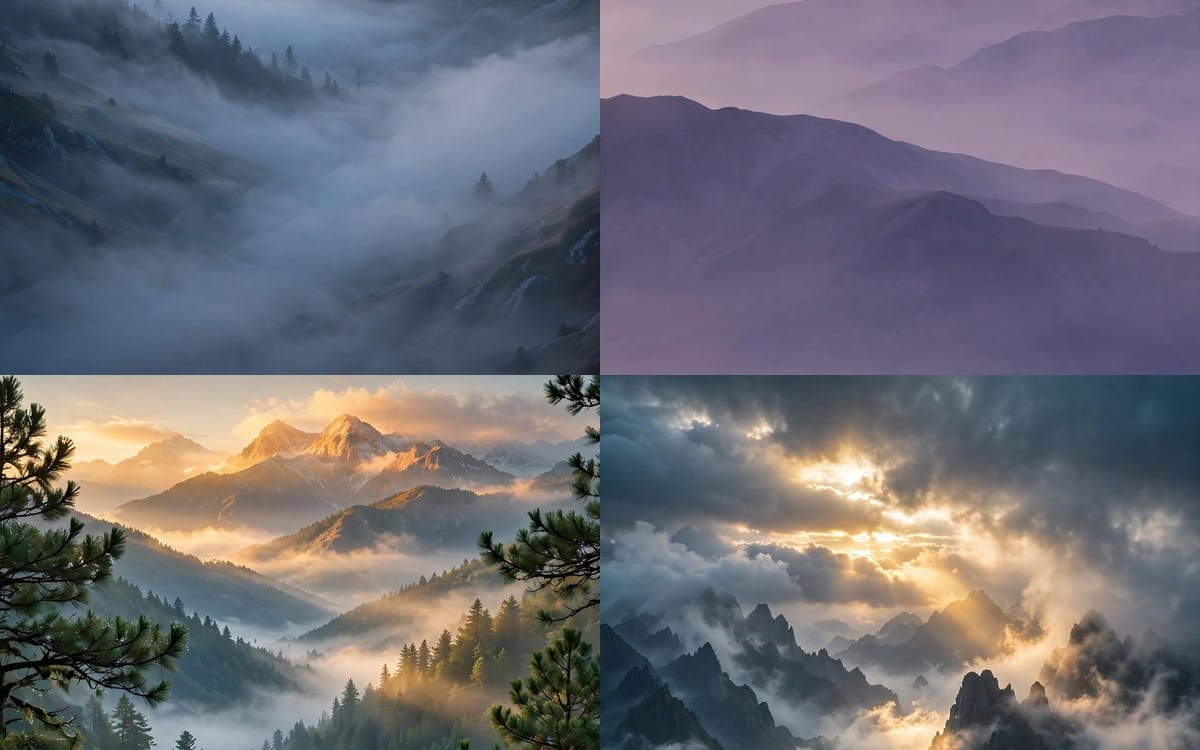 Four HD mountain mist nature wallpapers with foggy peaks, pine trees, and sunrise sky for phones