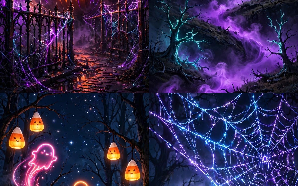 Neon Halloween wallpaper pack collage with spooky haunted forest, glowing jack-o-lanterns, and webbed spider design