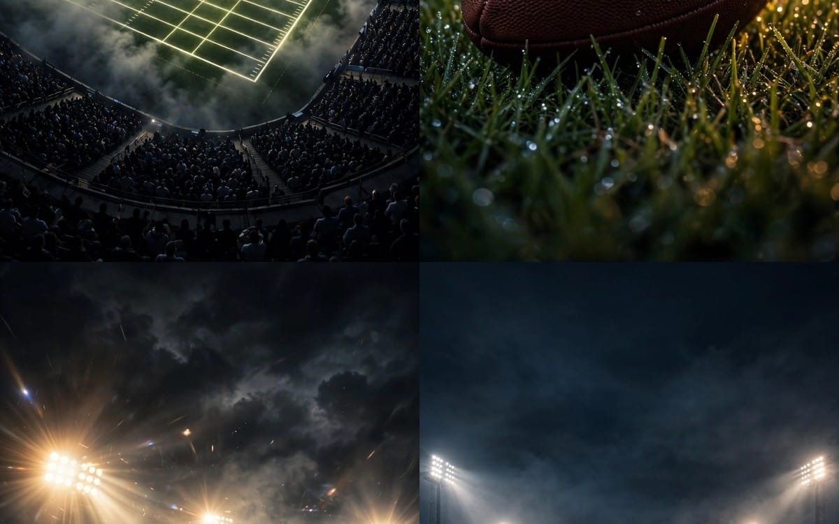 Collage of four HD football stadium night scenes with lights, smoke, crowd, and football close-up wallpaper pack