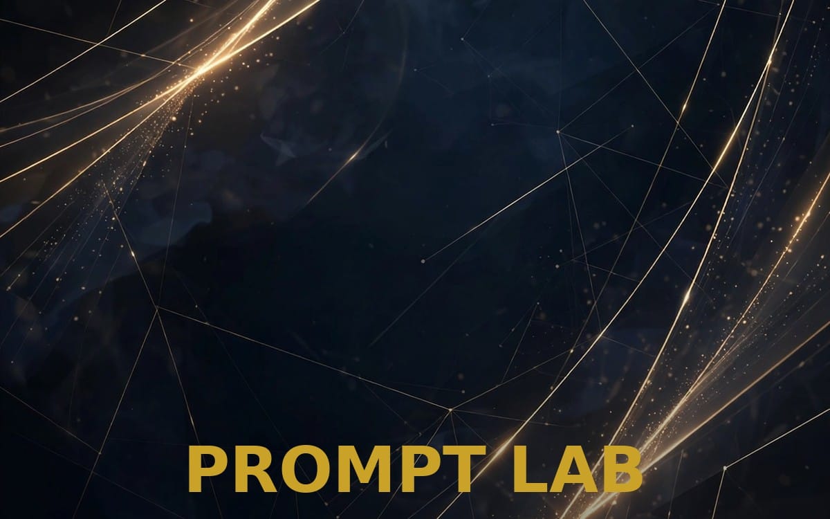 Dark abstract geometric background with golden PROMPT LAB title text for AI prompt set product