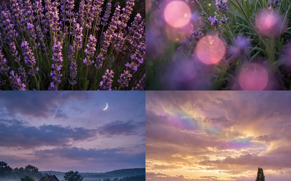 Set of four HD mobile wallpaper designs showing lavender flowers at dusk, dreamy bokeh lights, and colorful night skies