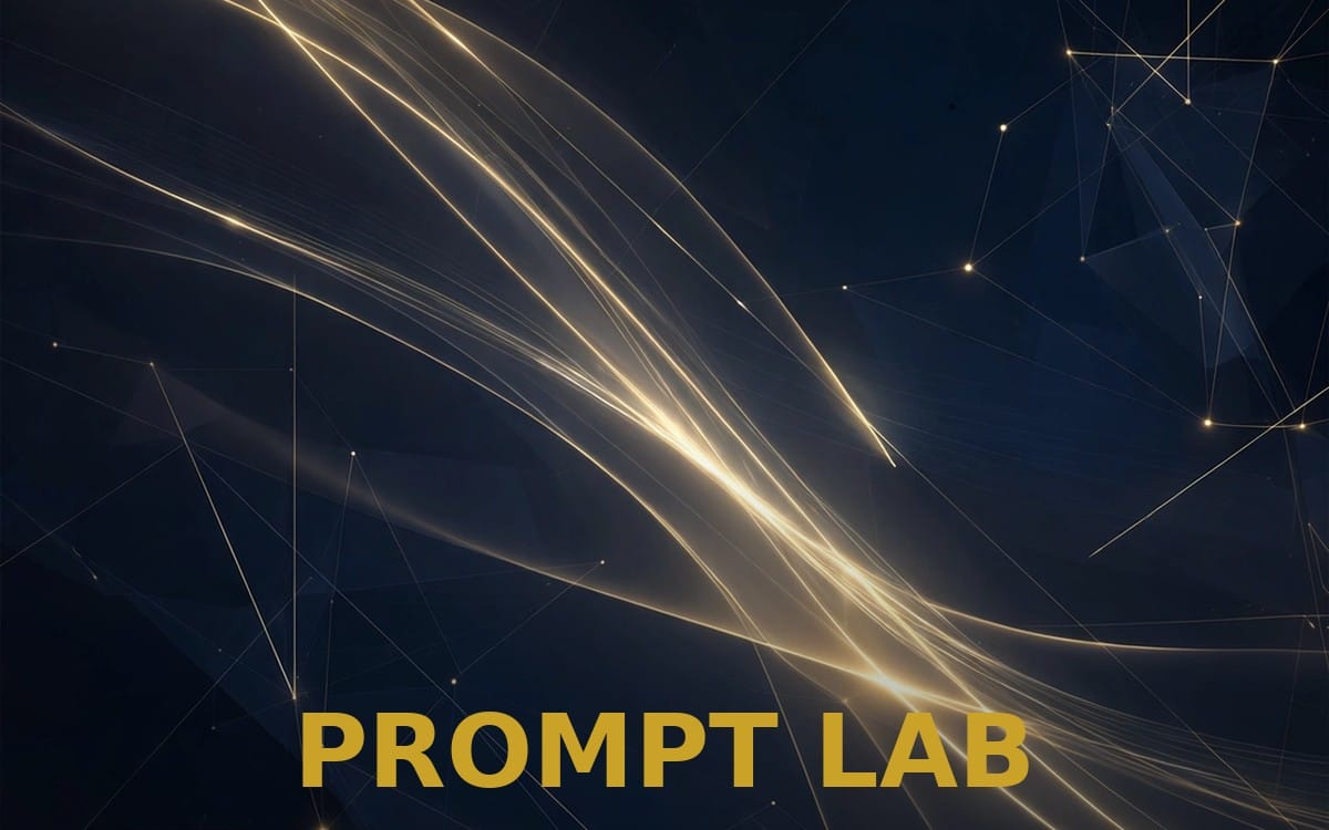 PROMPT LAB digital bundle cover with dark blue abstract light trails and network lines, titled for AI prompts