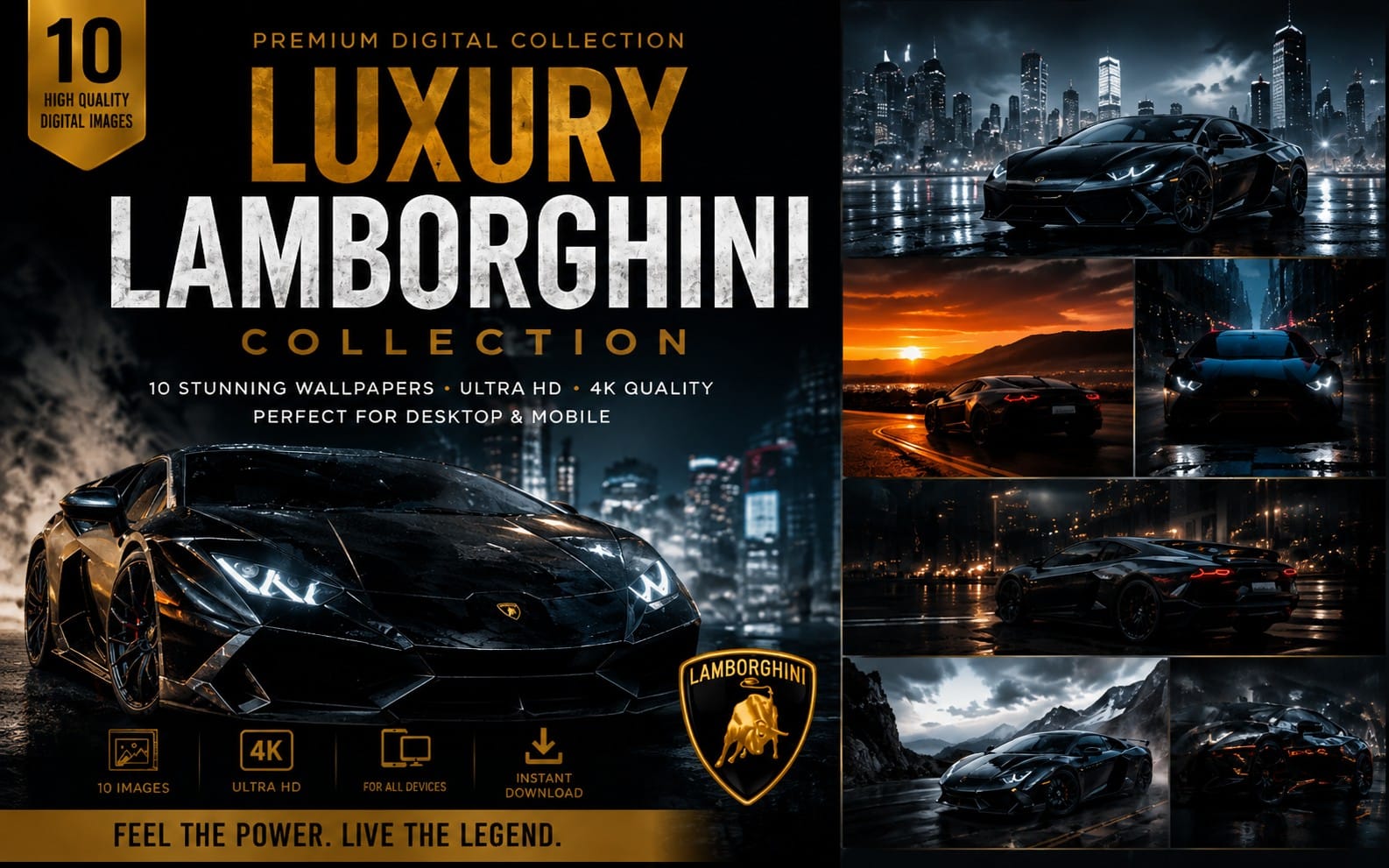 Luxury Lamborghini wallpaper collection cover with neon supercar images and city night backdrops for digital download