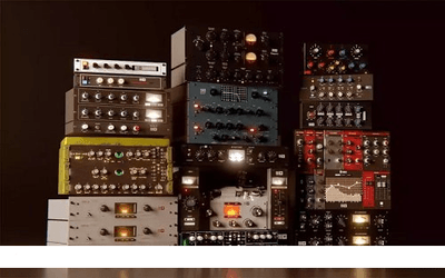 Collage of multiple vintage hardware synthesizer modules representing a professional original VST plugin for DAWs
