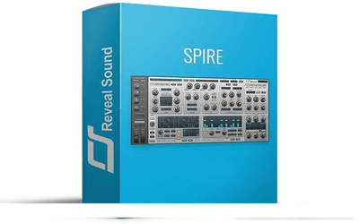 Blue software box labeled Spire showcasing a professional VST audio plugin ready for any DAW