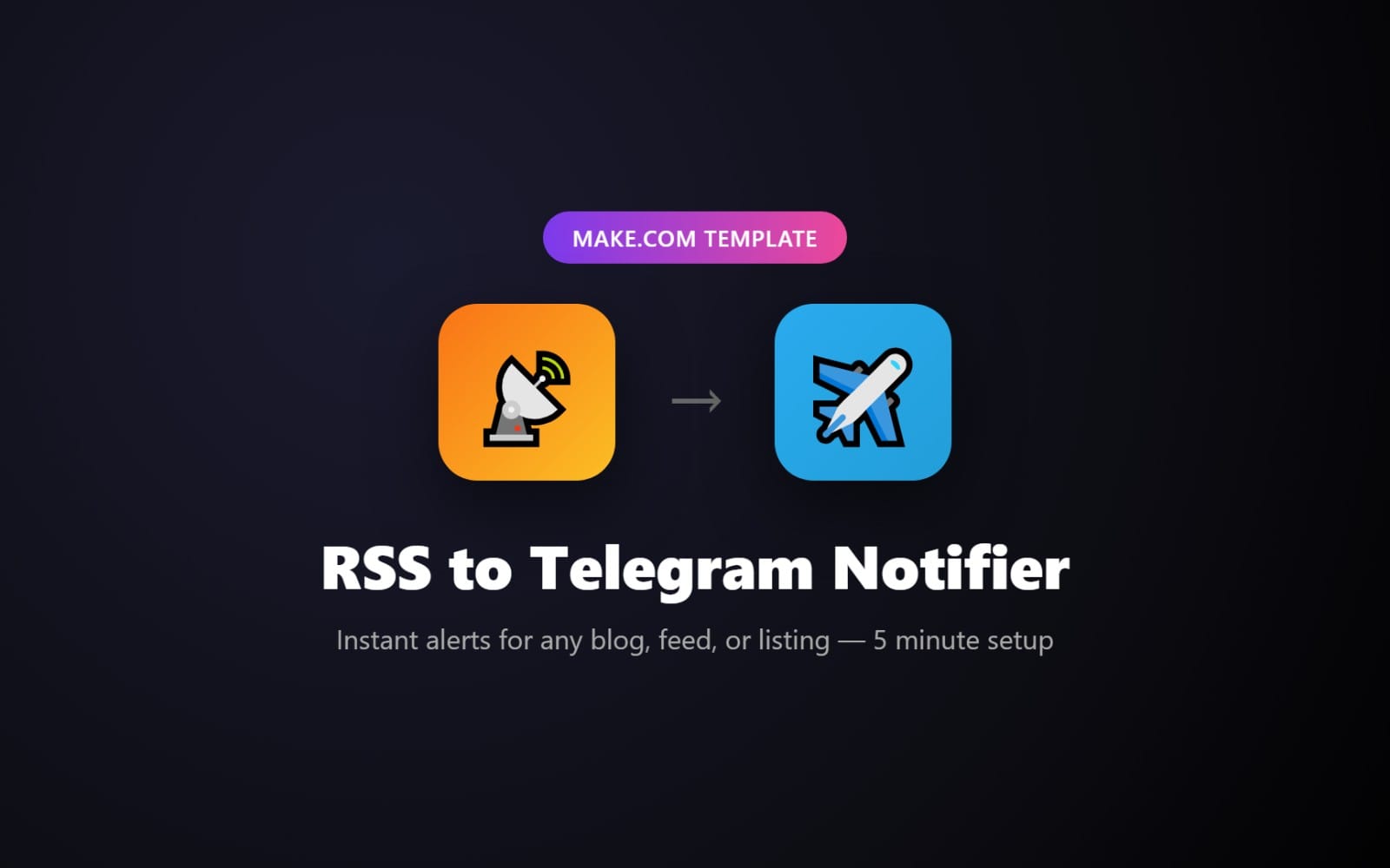 Make.com automation template banner for RSS to Telegram Notifier with RSS and Telegram app icons and arrow