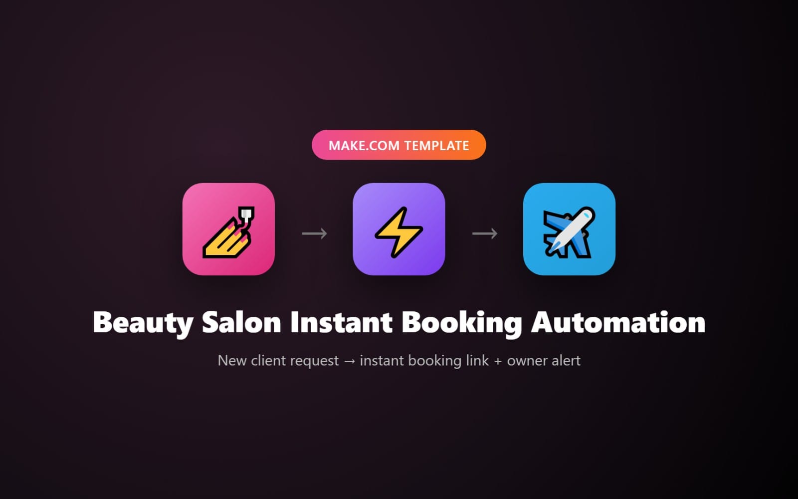 Beauty salon instant booking automation Make.com template graphic with three app icons and workflow arrows