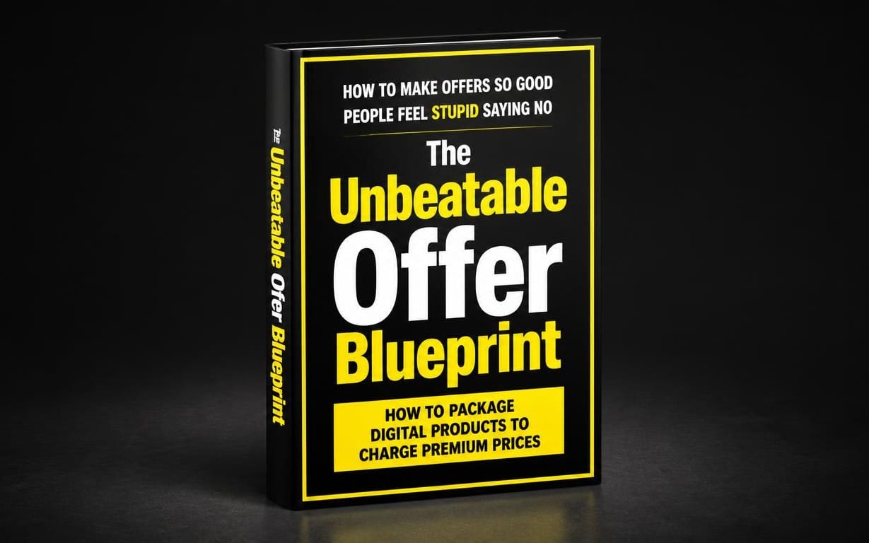 Black book cover titled The Unbeatable Offer Blueprint with offer-making text and yellow border on dark background