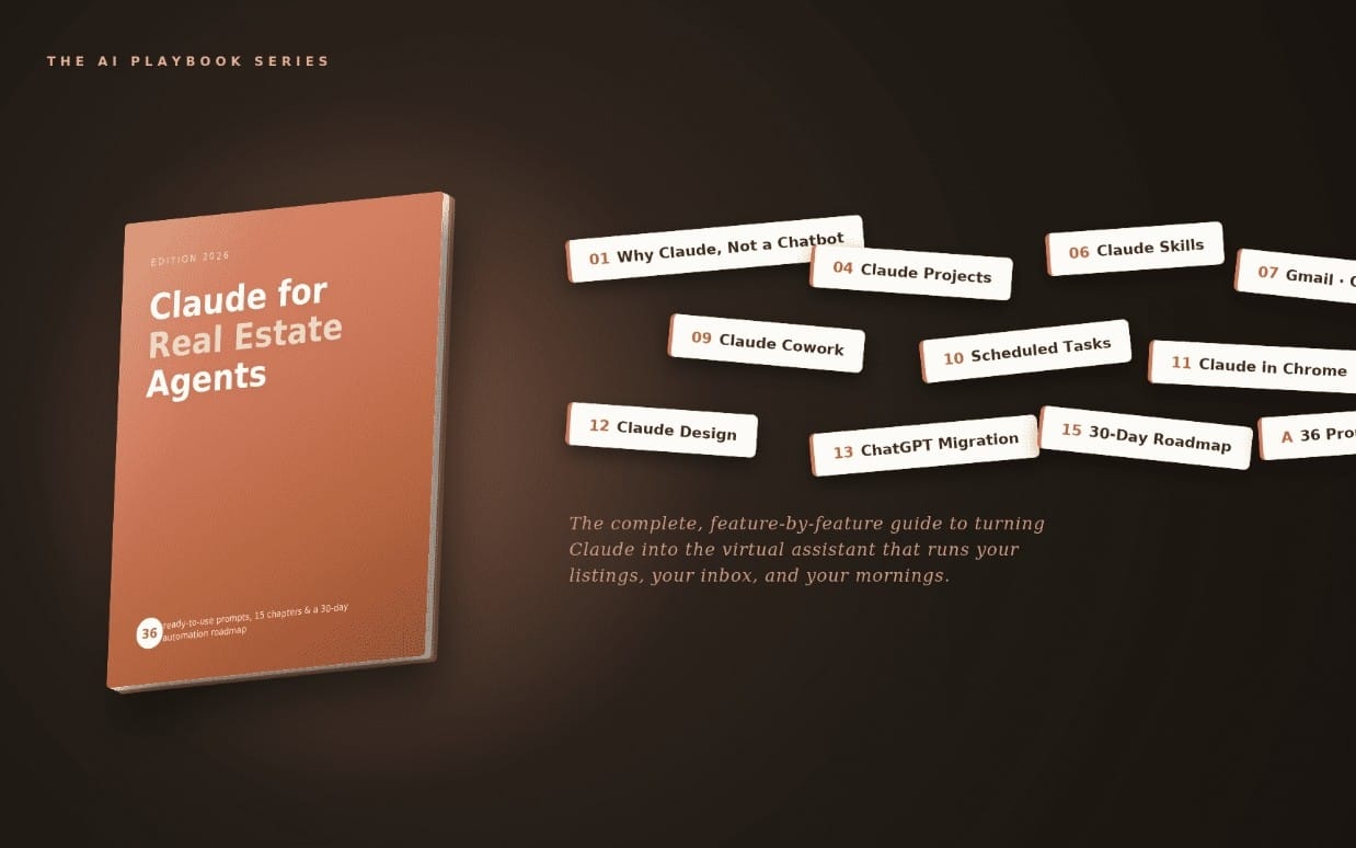 Real estate AI playbook titled Claude for Real Estate Agents with highlighted chapter labels and book cover