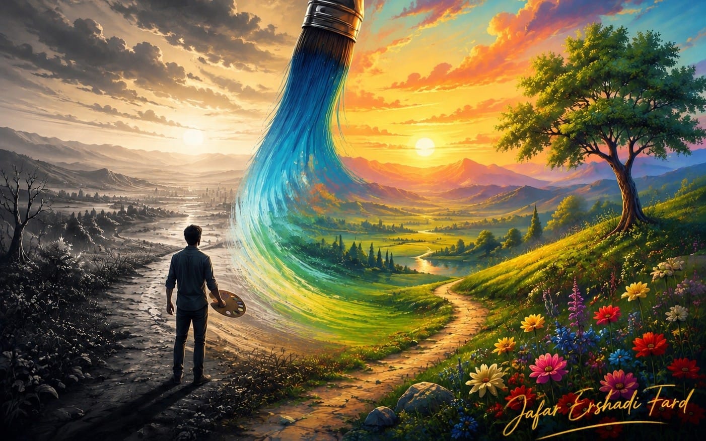 Fantasy digital artwork of a lone person on a path with a colorful stream transforming a landscape at sunset