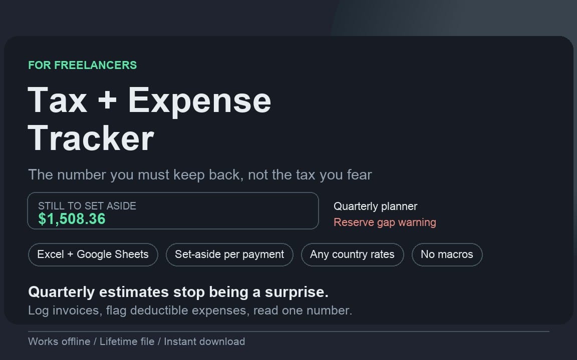 Freelancer Tax + Expense Tracker landing page text and feature badges for offline spreadsheet download