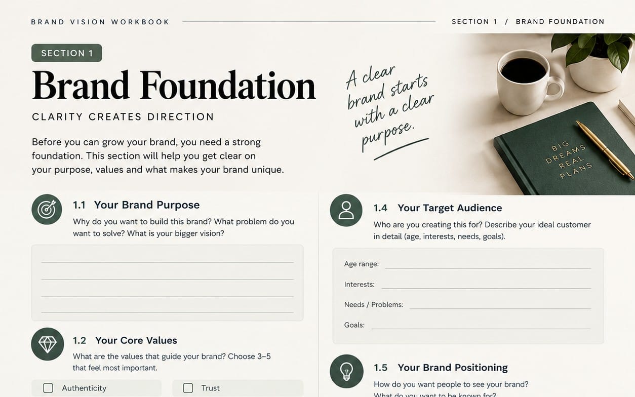 Brand Vision Workbook digital worksheet page titled Brand Foundation with prompts and form fields for 90-day brand