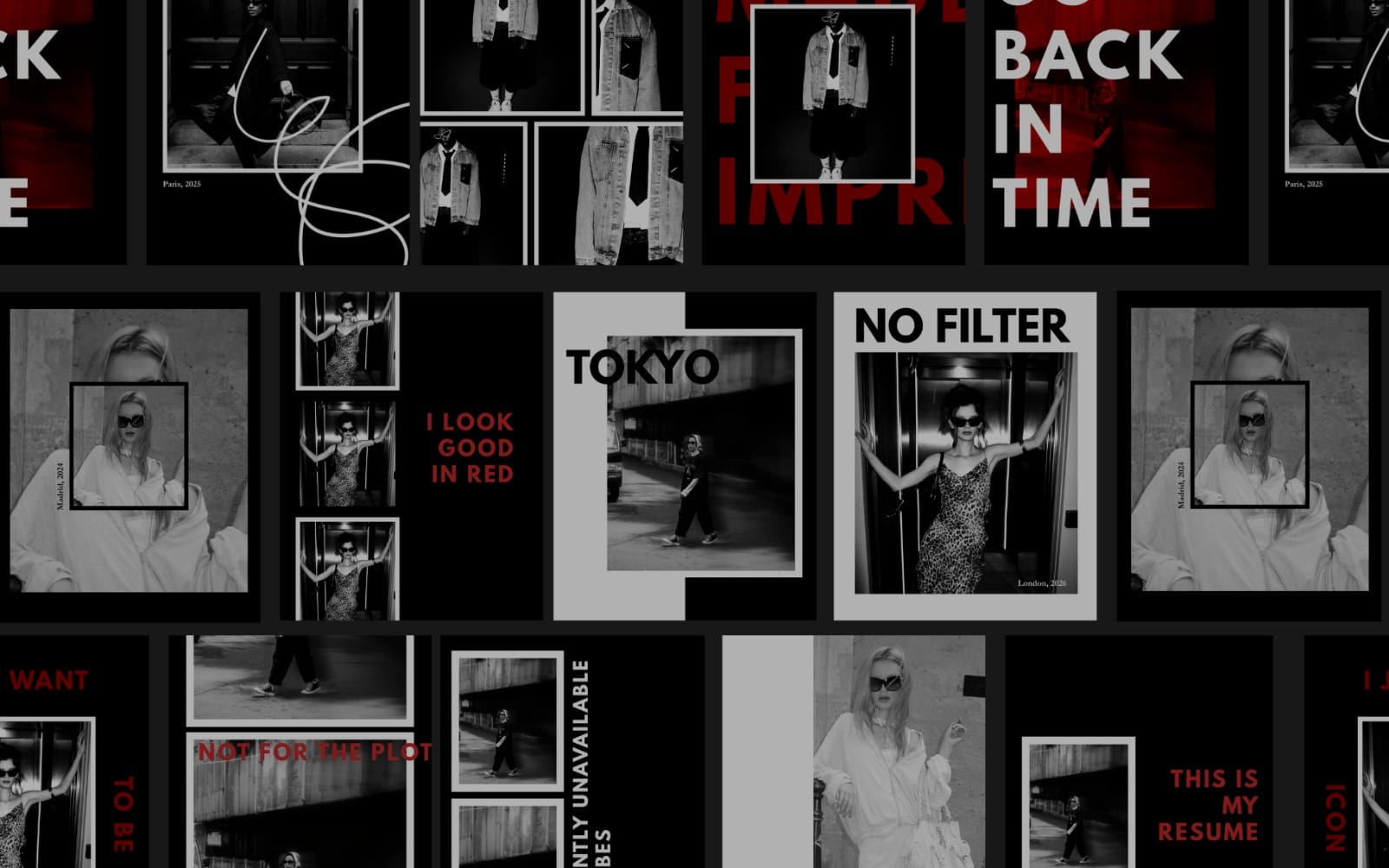 Editorial social media template pack with fashion photo collages and bold typography cards in red and black