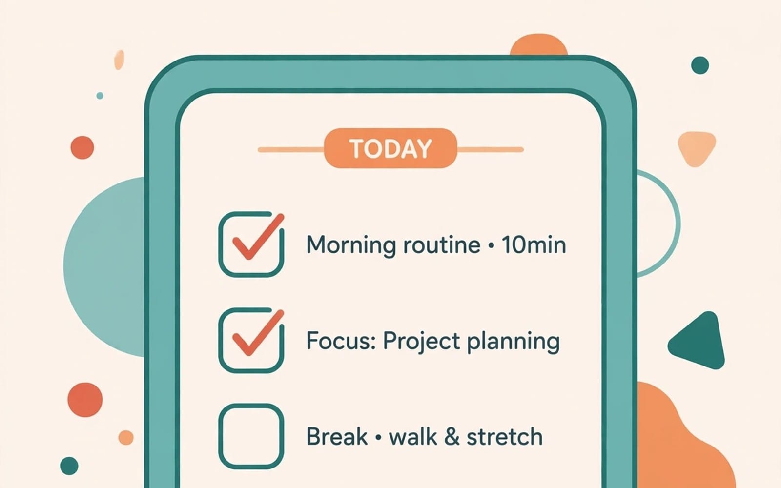 Digital ADHD planner interface with today tasks and checklist icons for morning routine, focus, and breaks