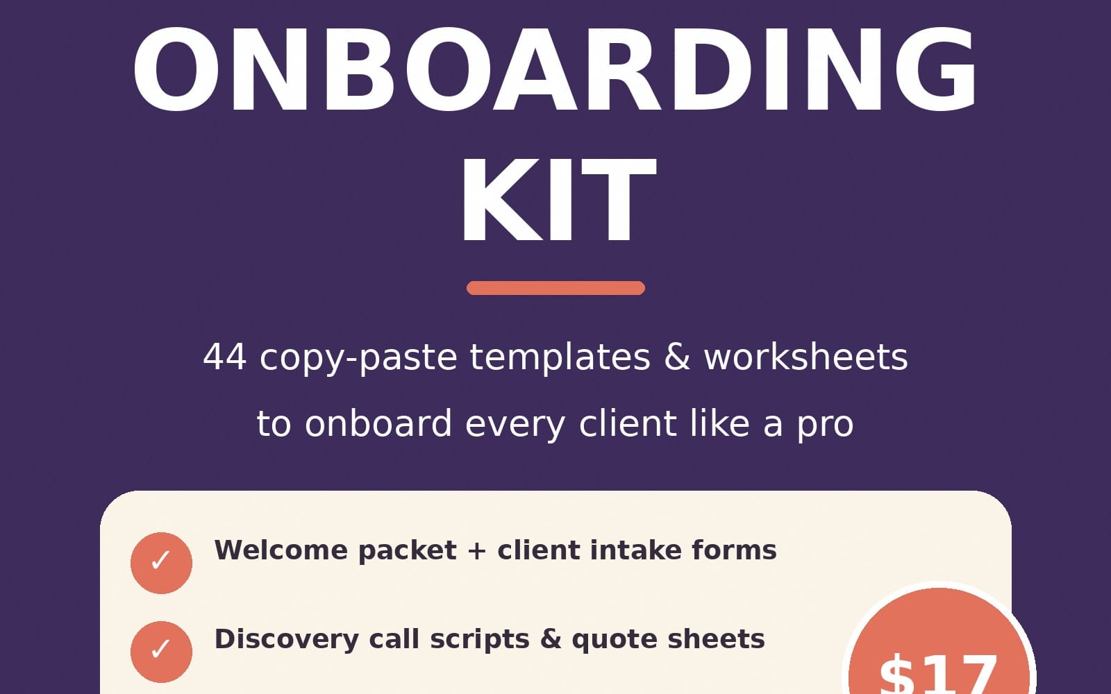 Purple promotional banner for a Client Onboarding Kit with onboarding kit headline and checklist items
