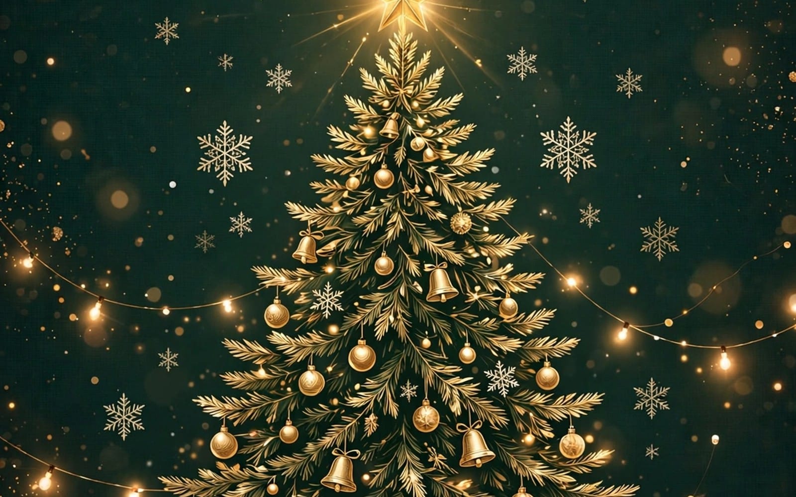 Christmas planner digital bundle banner with decorated tree, bells, snowflakes, and glowing lights on dark green