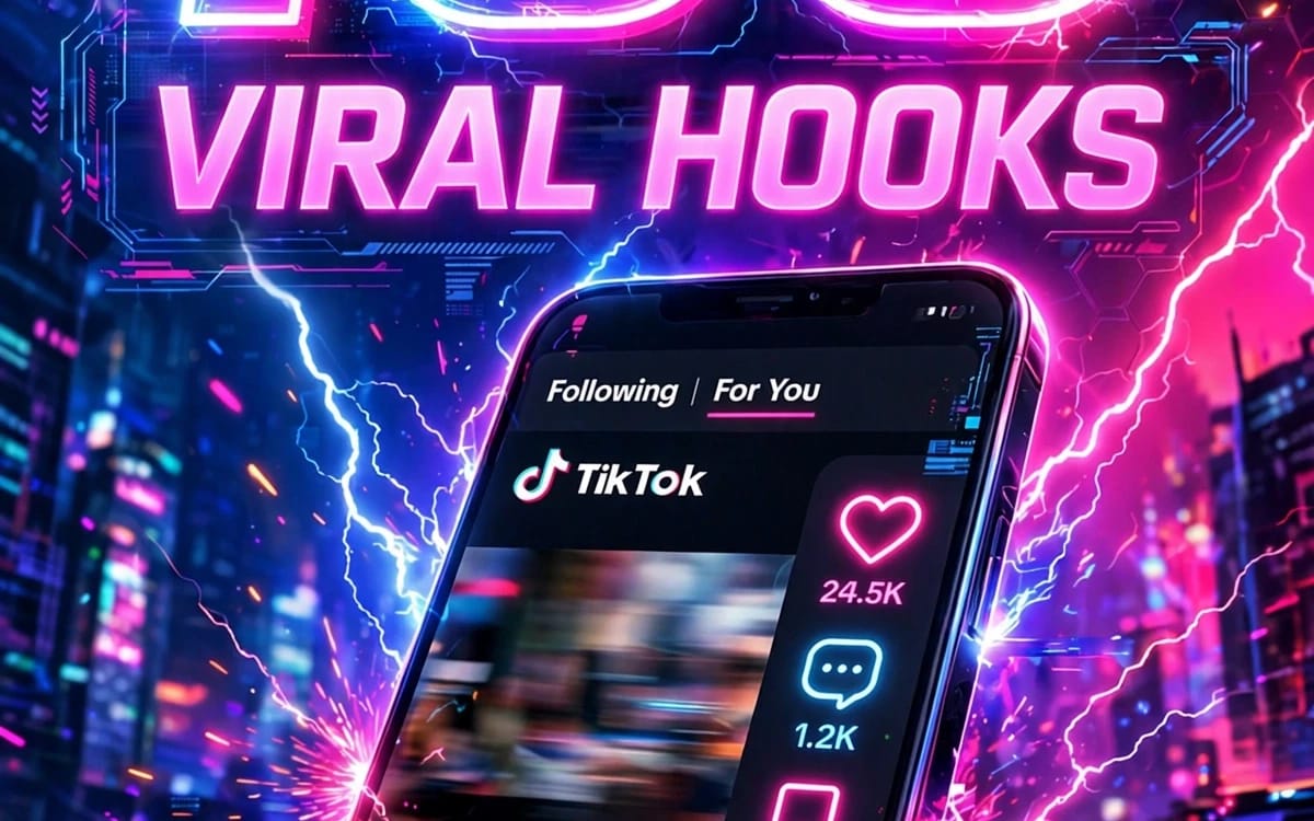 Neon smartphone with TikTok interface and Viral Hooks banner for small business reels hooks and captions digital product