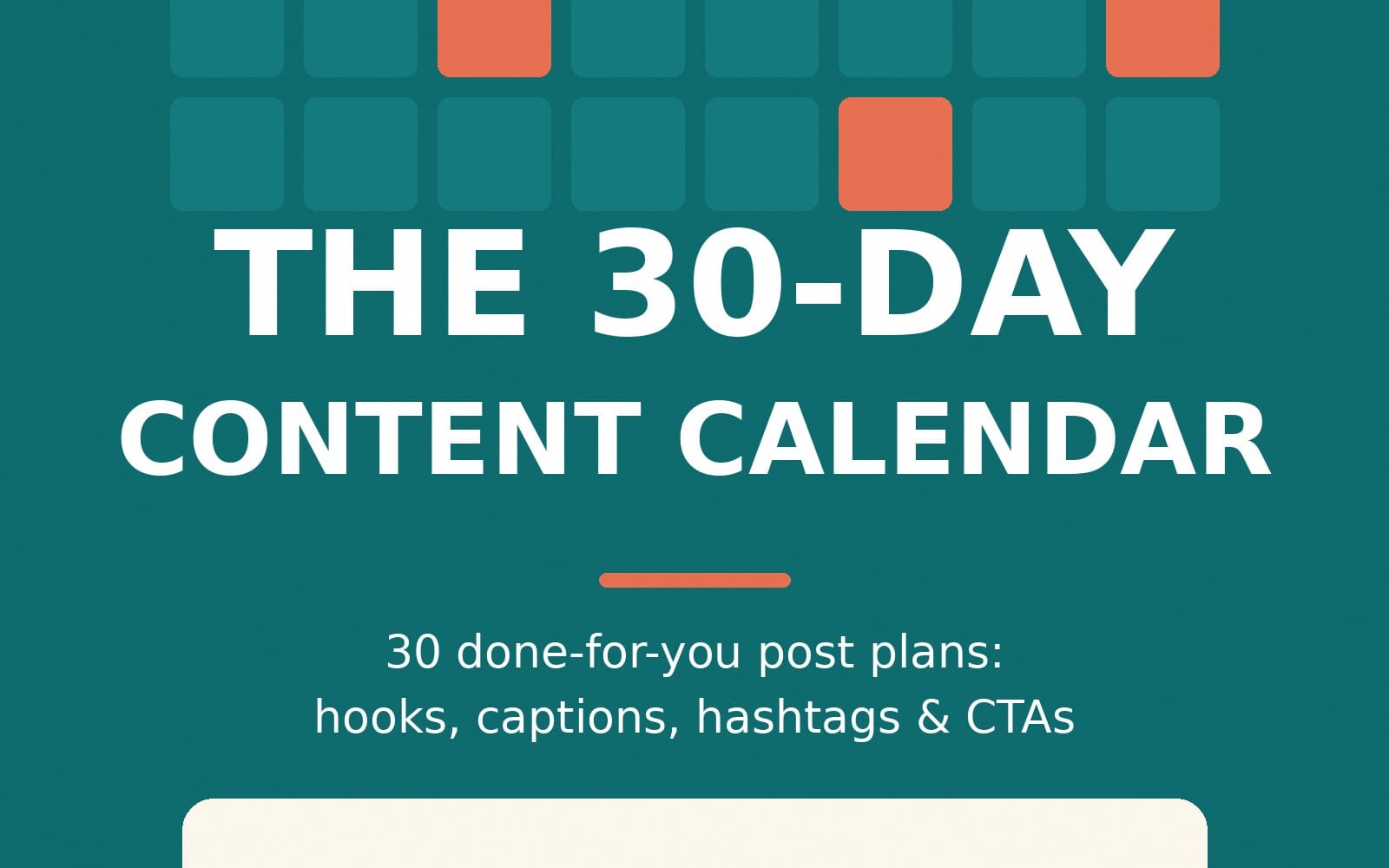 Teal marketing graphic for a 30-day social media content calendar with bold text and icons